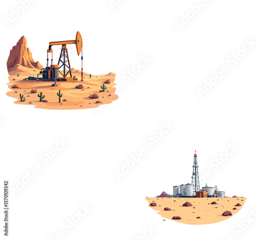 Oil industry in desert environment with pumpjack and refinery