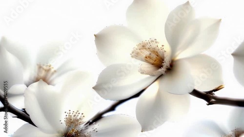 Elegant white magnolia flowers blooming on a branch against a soft background video