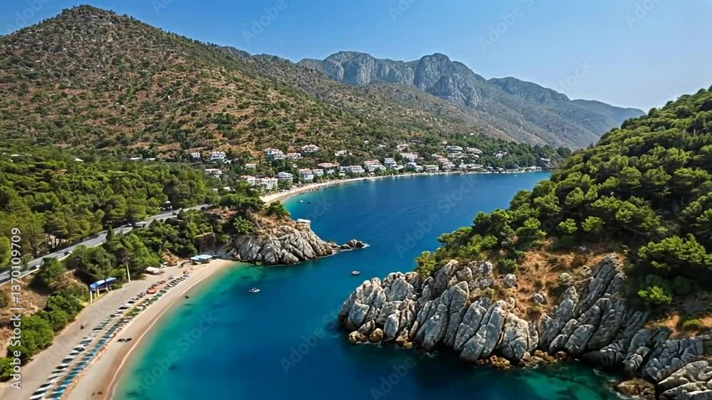 Mediterranean Coastal Paradise: Breathtaking Aerial View of a Secluded Beach Cove Mediterranean Coastal Paradise: Breathtaking Aerial View of a Secluded Beach Cove