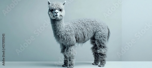  A regal alpaca with a fluffy coat, standing elegantly on a white surface. 