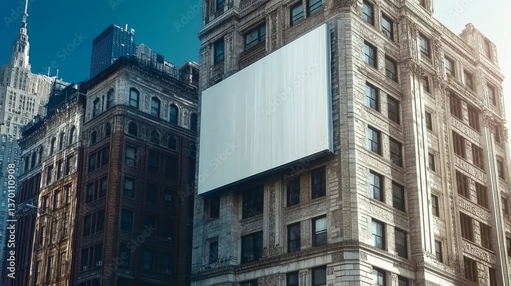 Urban building with blank billboard against bright blue sky Urban building with blank billboard against bright blue sky