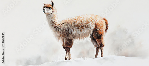  A regal alpaca with a fluffy coat, standing elegantly on a white surface. 