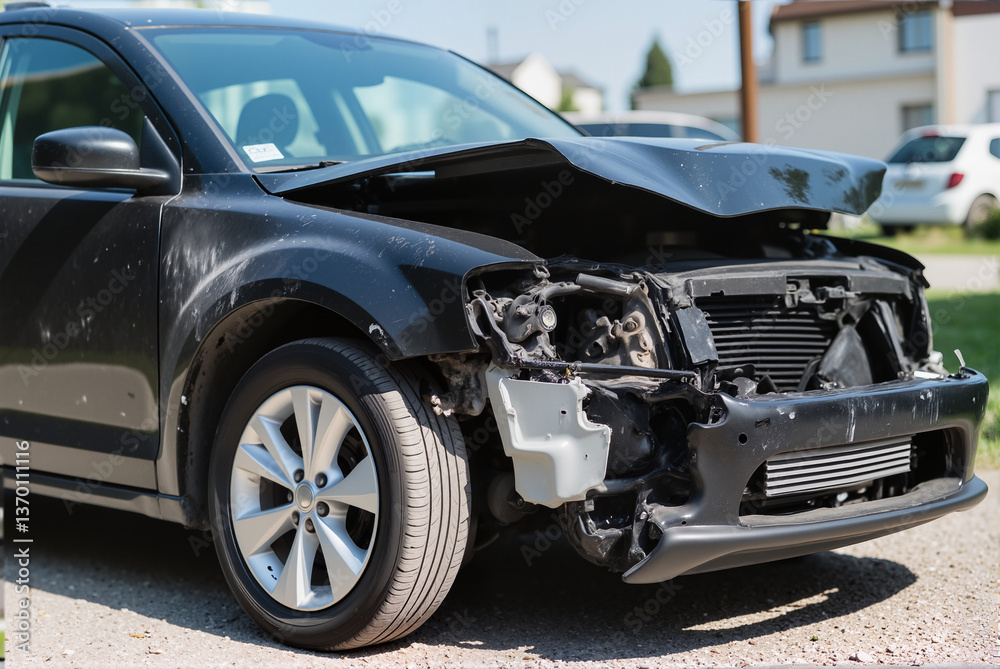 Damaged Black Car – Close-Up Depicting Repair Needs and Importance of Insurance Renewal for Liability Coverage Damaged Black Car – Close-Up Depicting Repair Needs and Importance of Insurance Renewal for Liability Coverage