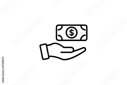 Black icon of an open hand holding a dollar bill. Symbolizes giving, receiving, or supporting finances. Clean, minimalist design for donation or funding purposes, isolated on a transparent background