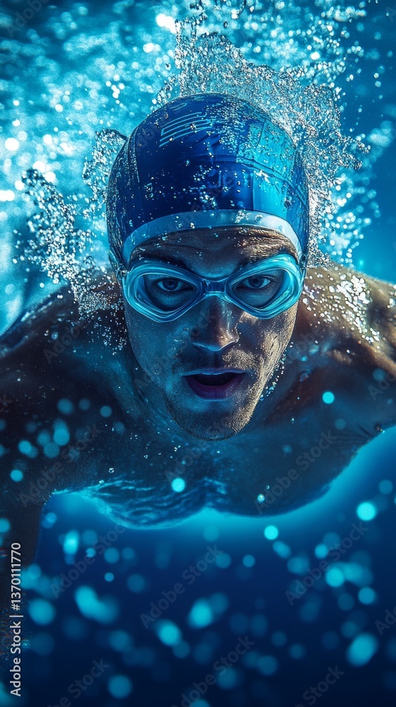 Fototapeta premium Swimmer in headgear and goggles underwater surrounded by air bubbles. Ideal for sports blogs, swimming pool ads, fitness themes.