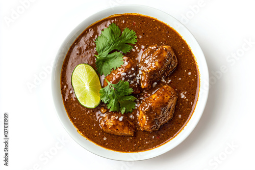 a bowl of soup with meat and a lime slice