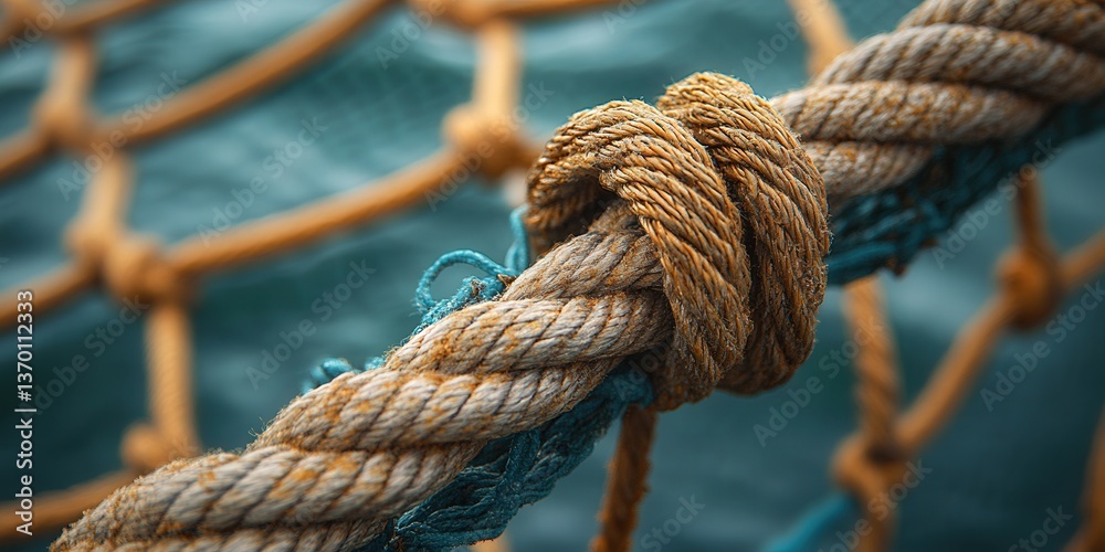 Close-up of a sturdy knot on a weathered rope against a blurred ocean background. Close-up of a sturdy knot on a weathered rope against a blurred ocean background.