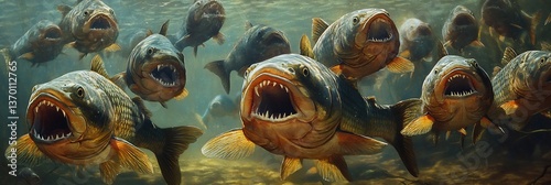  A school of piranhas swimming through the murky waters of the Amazon river, their sharp teeth gleaming as they move through the current. 