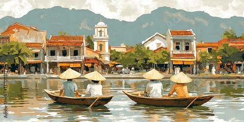 Asian River Boatscape Town