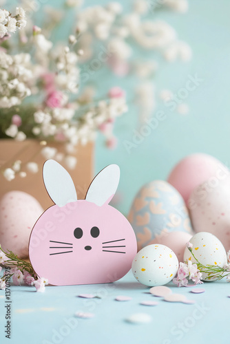 Easter eggs and wooden pink bunny decorations. 