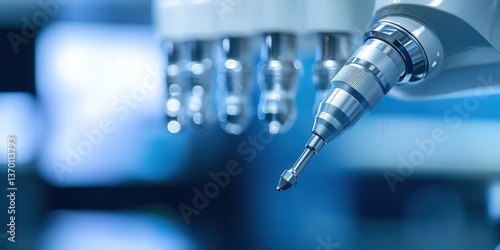 Close-up of futuristic robotic arm with precision tool in a blue-toned laboratory setting.