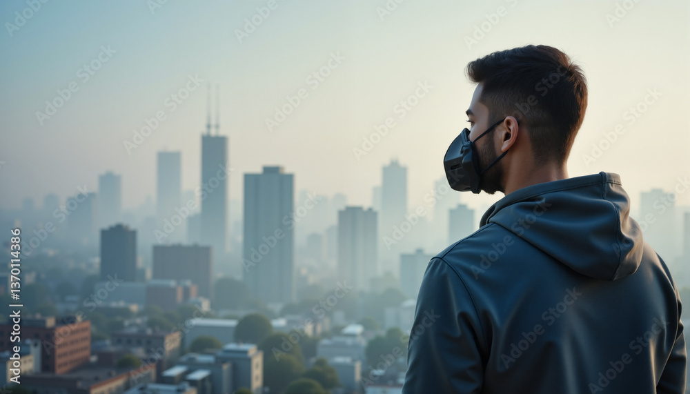 Man Gazes at Smoggy City Skyline, Pollution Awareness Man Gazes at Smoggy City Skyline, Pollution Awareness