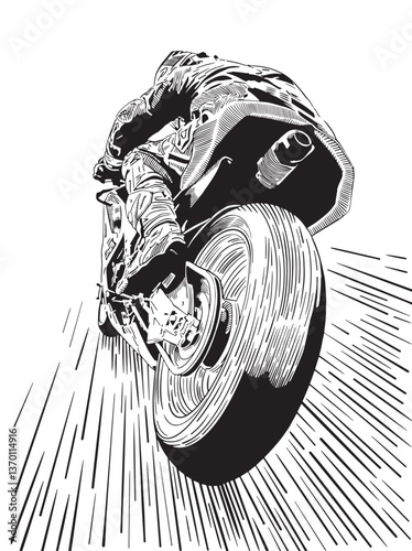 Pen and ink, hand drawn, illustration of motorcycle racer speeding on the track.