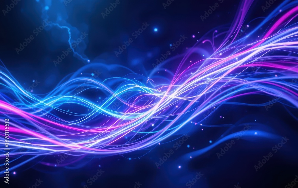 Fototapeta premium Abstract background featuring flowing lines of light in shades of blue and pink with sparkles