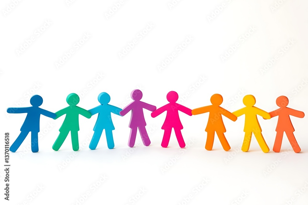 Colorful paper dolls holding hands in a row representing diversity and inclusion on white Colorful paper dolls holding hands in a row representing diversity and inclusion on white