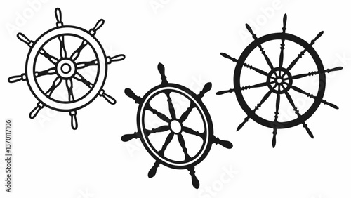 Nautical Ship Wheel Silhouettes Set.