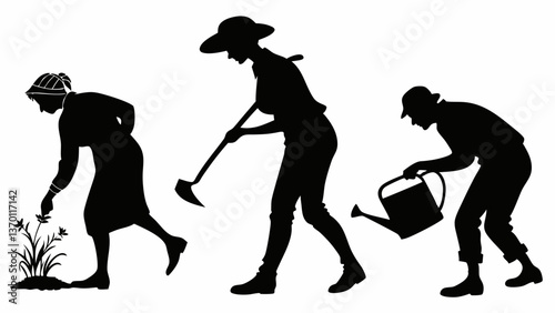 Gardener Silhouettes Trio in Nature Landscape Vector Set