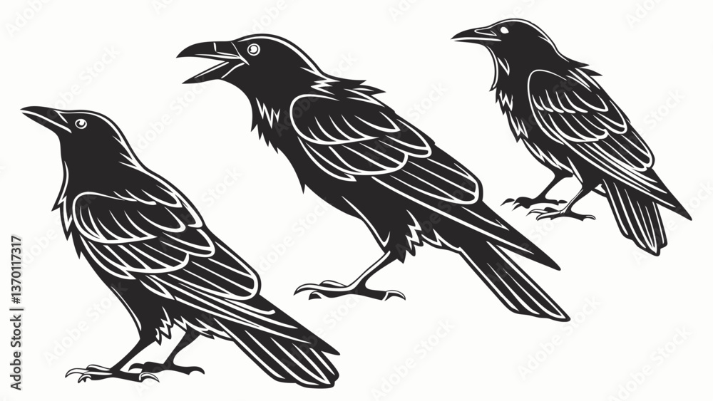 Fototapeta premium Eerie Set of Three Crow Black Silhouettes for Halloween