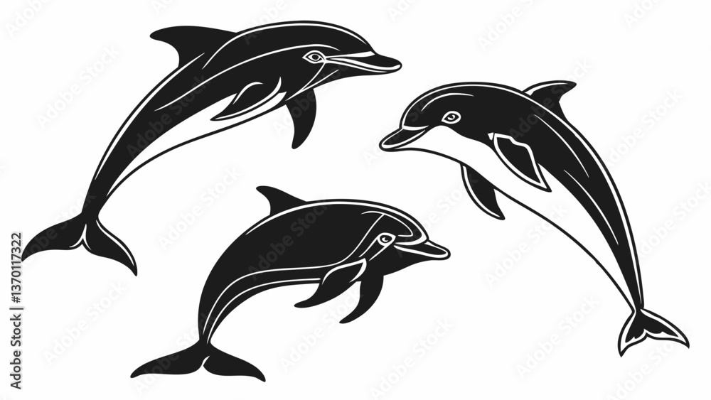 Naklejka premium Graceful Dolphin Trio Silhouettes Set for Ocean Lovers