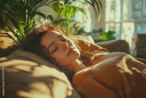 Young calm woman chilling relaxing leaning on comfortable sofa napping on couch in living room resting having healthy quiet nap, breathing fresh air, no stress free weekend at home, peace of