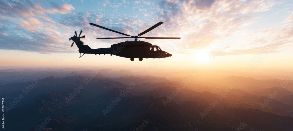Helicopter Flying Above Mountains at Sunset with Dramatic Sky Helicopter Flying Above Mountains at Sunset with Dramatic Sky