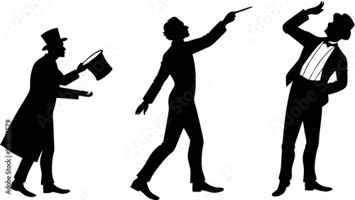 Mystical Trio of Magician Silhouettes Performing Magic