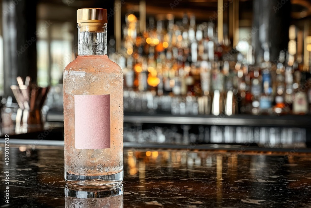 An icy bottle of pink gin with blank label, displayed on a bar with out-of-focus liquor bottles creating a sophisticated backdrop for branding. An icy bottle of pink gin with blank label, displayed on a bar with out-of-focus liquor bottles creating a sophisticated backdrop for branding.