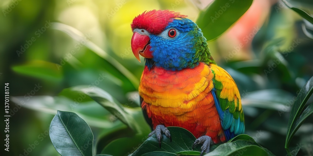 Naklejka premium Vibrant rainbow lorikeet perched among lush green foliage in a tropical setting.