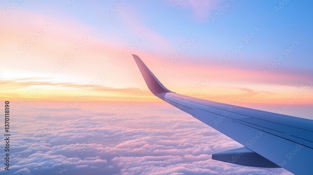 The image captures an airplane wing above fluffy clouds during a stunning sunset, showcasing vibrant hues of pink and orange in the sky. The image captures an airplane wing above fluffy clouds during a stunning sunset, showcasing vibrant hues of pink and orange in the sky.