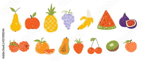 Fruits kids doodle . Hand-drawn vector illustration: pear, apple, pineapple, grape, banana, fig, raspberry, papaya, strawberry, cherry, tangerine, watermelon, kiwi, peach. Isolated.