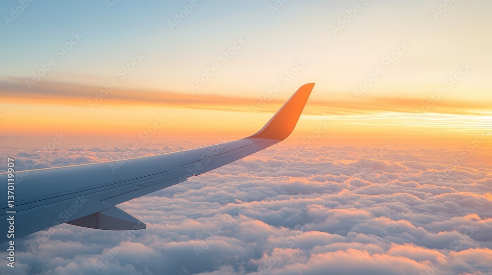Obraz premium A serene view of an airplane wing above fluffy clouds during a colorful sunset, evoking a sense of travel and adventure.