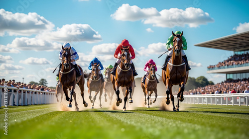 Thoroughbred Racehorses in Action – Dynamic View of Jockeys in Colorful Silks at Stadium Track for Betting Enthusiasts and Grand National Horse Race Coverage