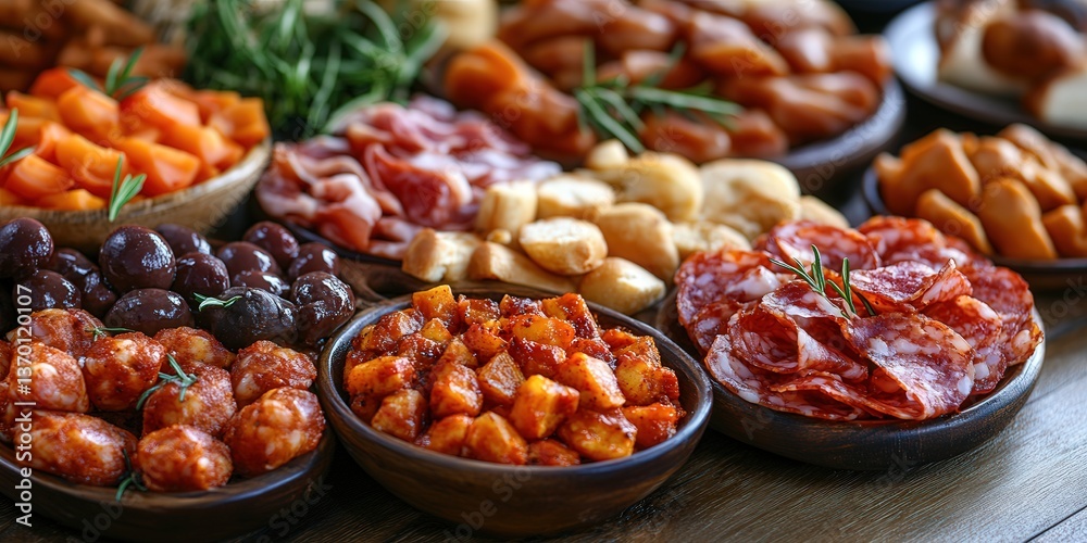 A vibrant assortment of Mediterranean appetizers featuring cured meats, olives, and vegetables arranged on a wooden table. A vibrant assortment of Mediterranean appetizers featuring cured meats, olives, and vegetables arranged on a wooden table.