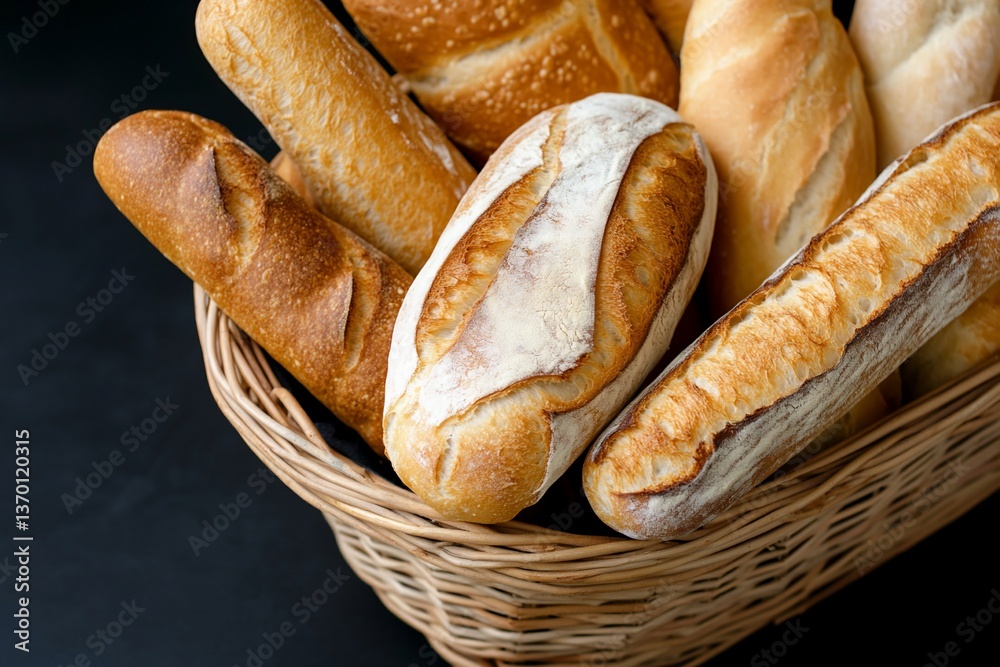 Variety of artisanal bread in a wicker basket