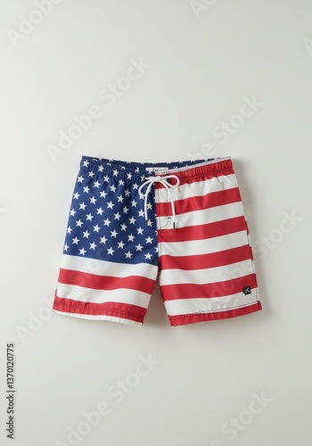 Stylish Men's Swim Trunks Featuring American Flag Design on White Backdrop