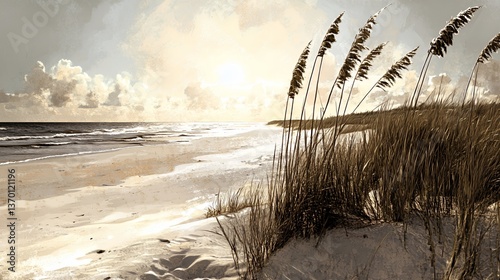 Serene coastal scene with tall grass swaying in the breeze at sunset.