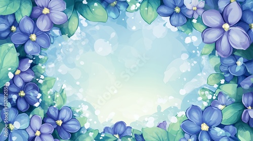 Vibrant floral border with vivid blue violets and lush green leaves.
