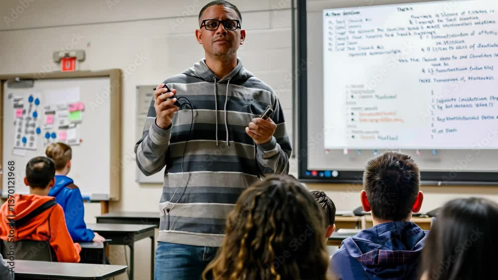 A teacher enthusiastically discusses technology concepts with students in a classroom, fostering an interactive learning environment during the fall semester.