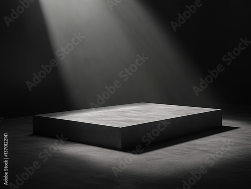 Minimalist abstract composition featuring a gray platform on the ground against a dark background, illuminated by a single overhead light beam. The surface showcases geometric shapes with soft shadows