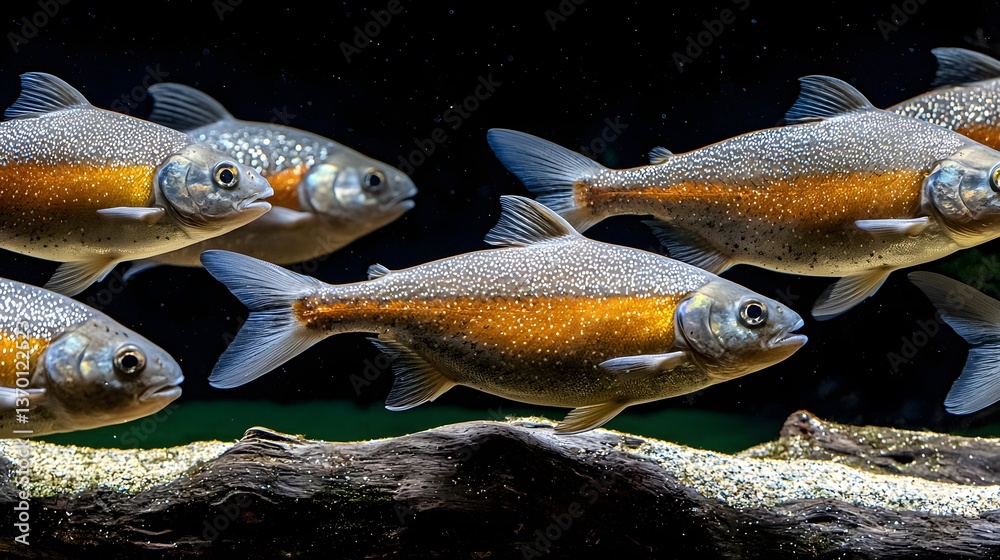 Naklejka premium School of Freshwater Fish Swimming Gracefully in an Aquarium Setting with Sparkling Scales