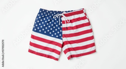 American Pride Swimwear: Men's Flag Print Trunks on White Background, Summer Style