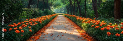  A serene garden pathway lined with neatly trimmed hedges and rose bushes, the air filled with the sweet scent of flowers. 