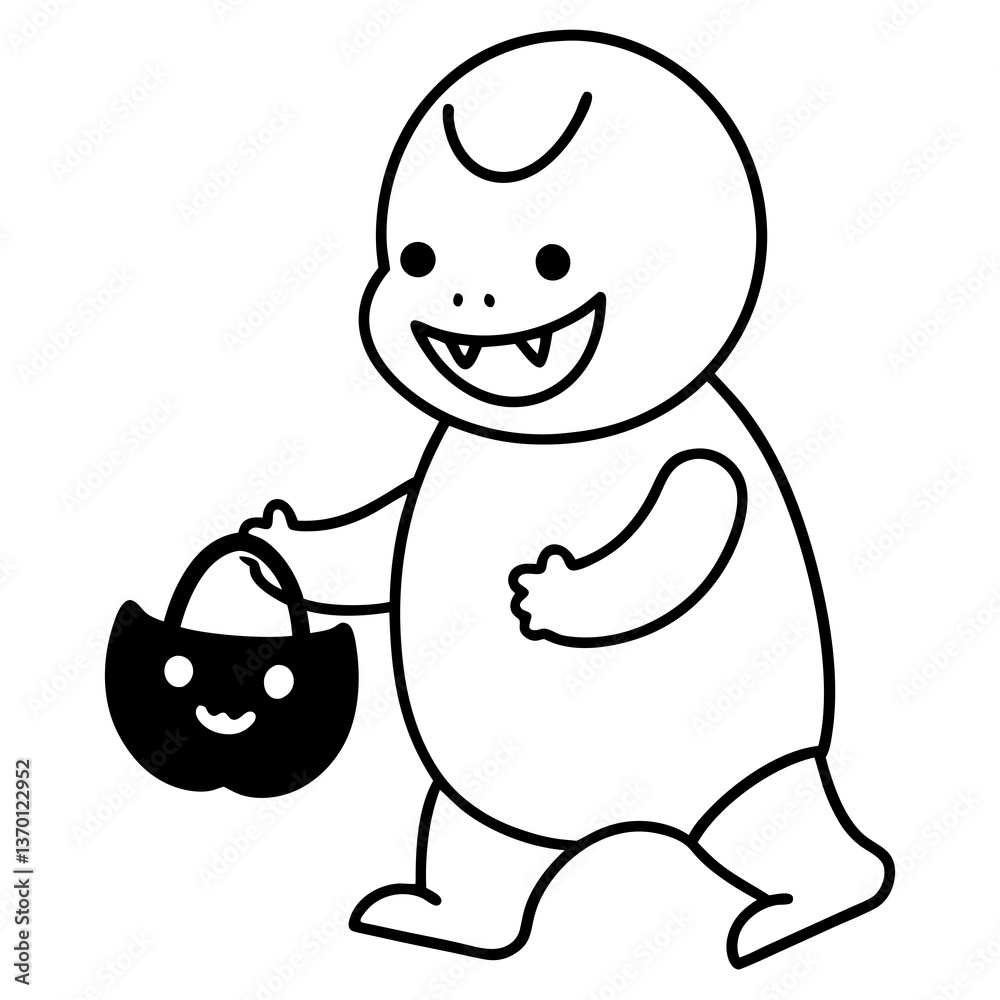 Baby Monster trick or treating with tiny fangs line art vector illustration Baby Monster trick or treating with tiny fangs line art vector illustration