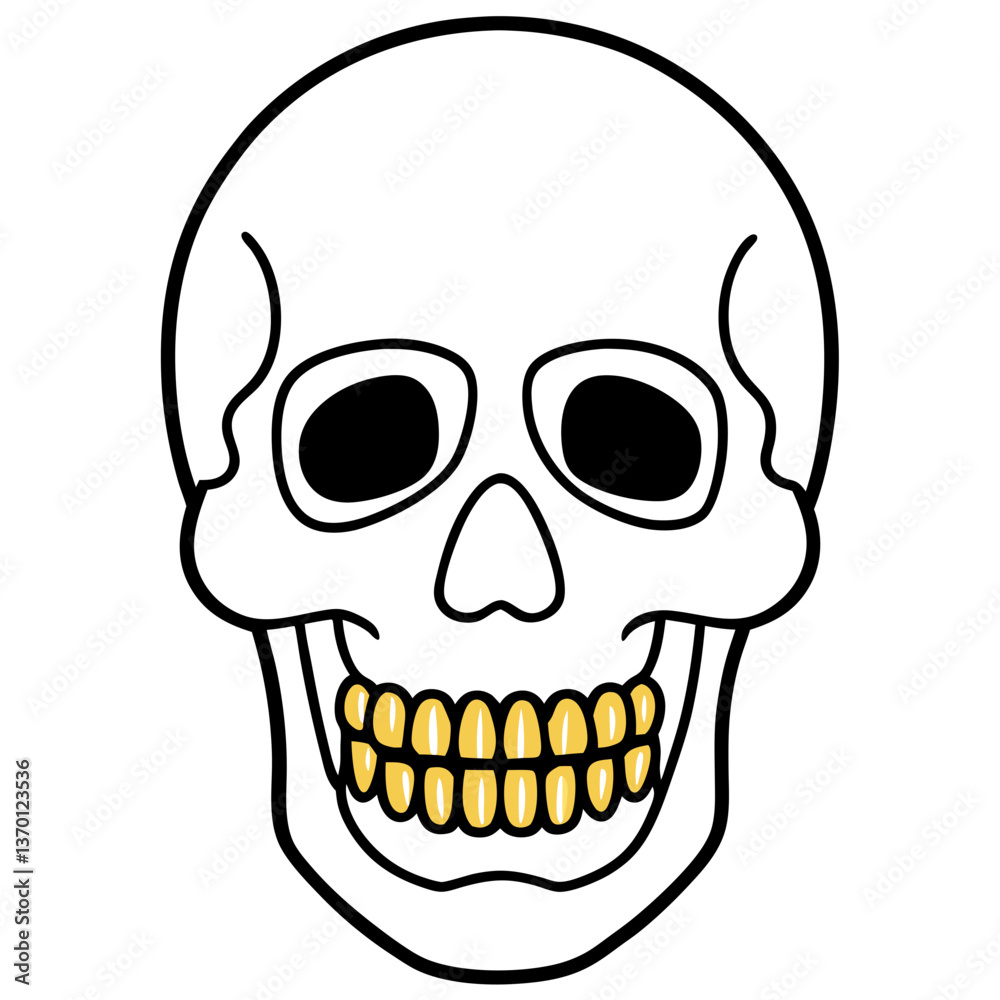 Brightly decorated skull with golden teeth line art vector illustration Brightly decorated skull with golden teeth line art vector illustration