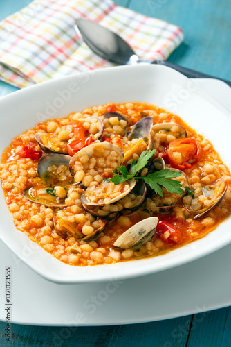 Fregula con vongole veraci, tipica pasta sarda con frutti di mare, ricetta mediterranea 