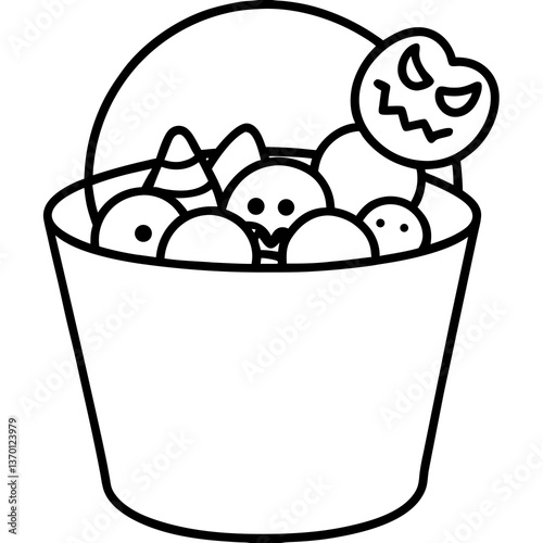 Candy bucket filled with halloween treats line art vector illustration