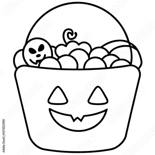 Candy bucket filled with halloween treats line art vector illustration