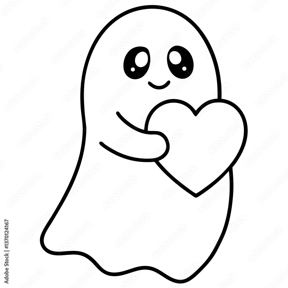 Fototapeta premium Cartoon ghost holding a heart line art vector illustration