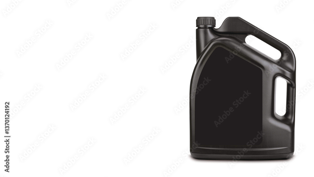 Black engine oil canister on white copy-space background.