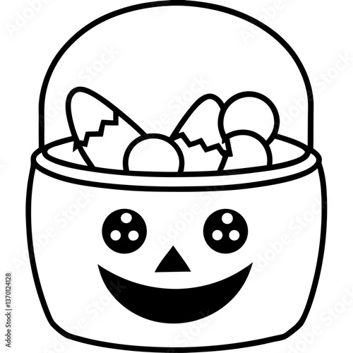 Candy bucket filled with halloween treats line art vector illustration 